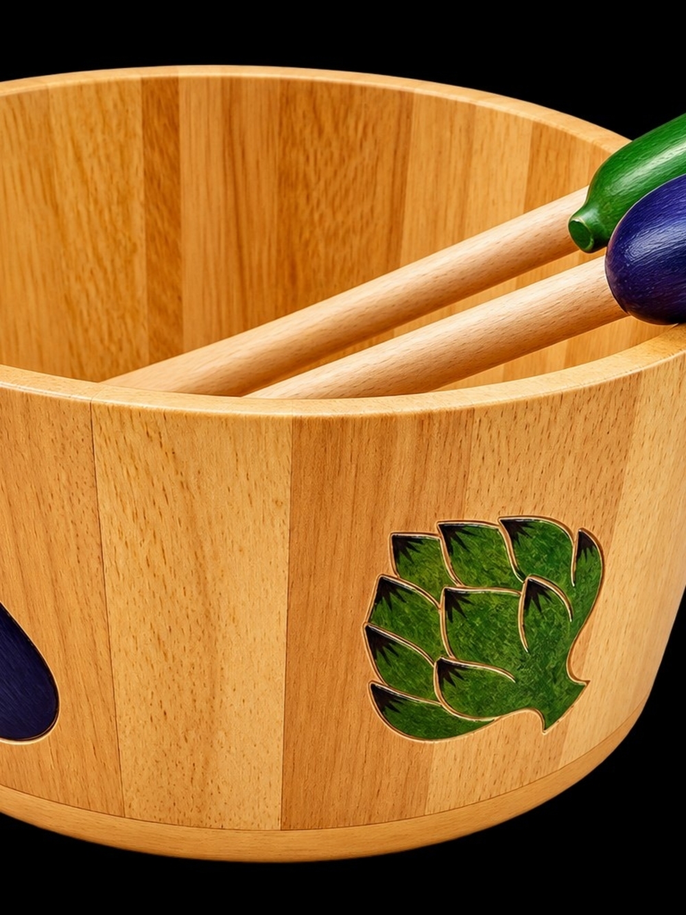 Large Clay Art Wooden Salad Bowl Inlay Artichoke Eggplant Matching Servers 10"